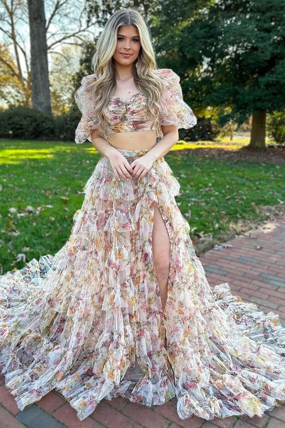 Wholesale Cute A-Line Two Pieces Square Neck Long Print Tulle Prom Dress With Split prom dress with long sleeves